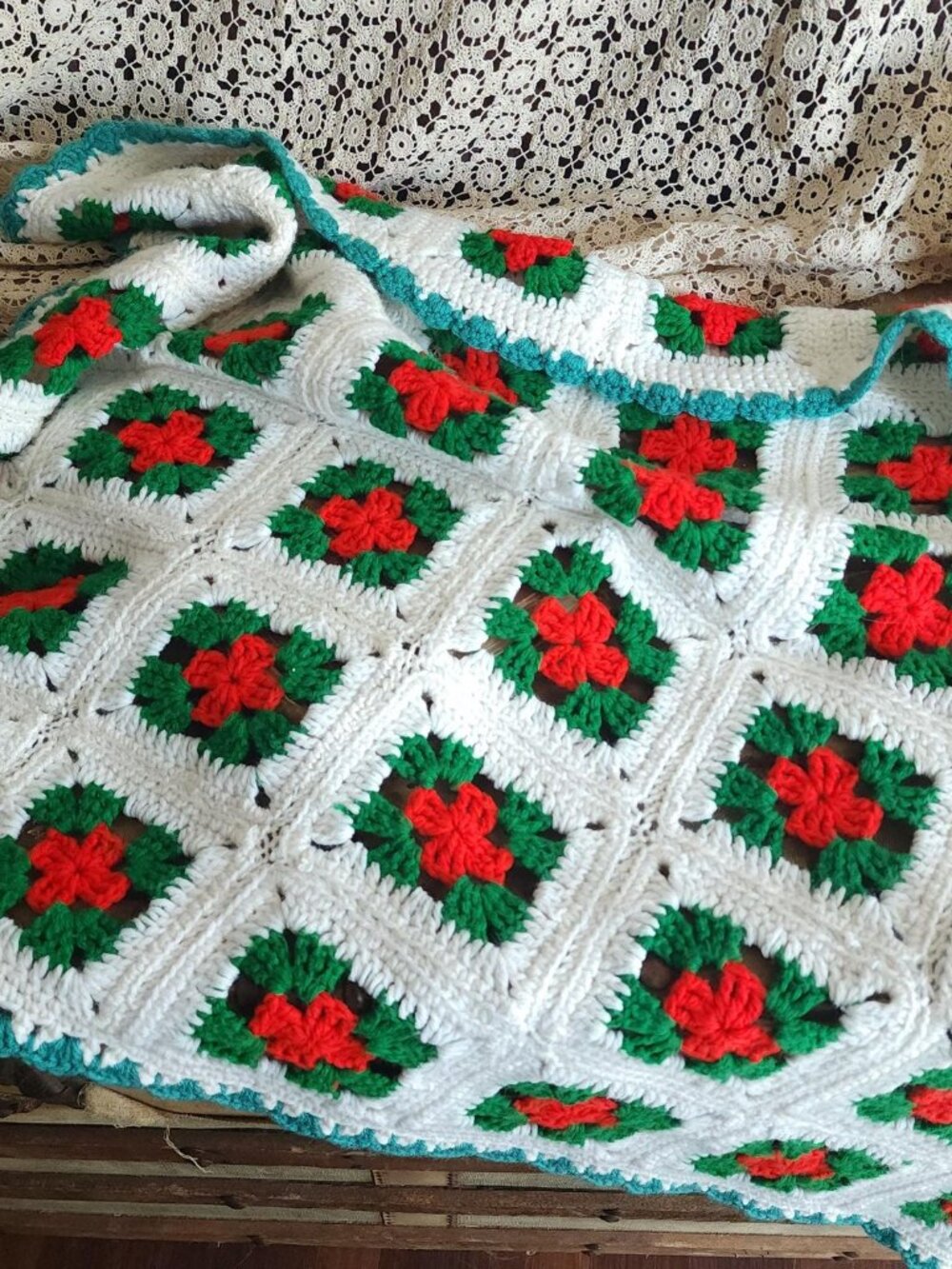 Vintage 1970s Afghan, Granny Square Crochet Lap Blanket, Red Green White Poinset